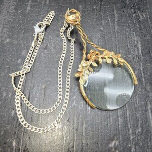 Vintage Gold-Tone Magnifying Glass Pendant Sterling Silver Necklace HS224